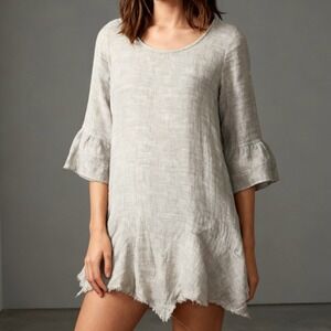 Yuvita 100% Linen Tunic Mini Dress Beige A-Line‎ size Small
